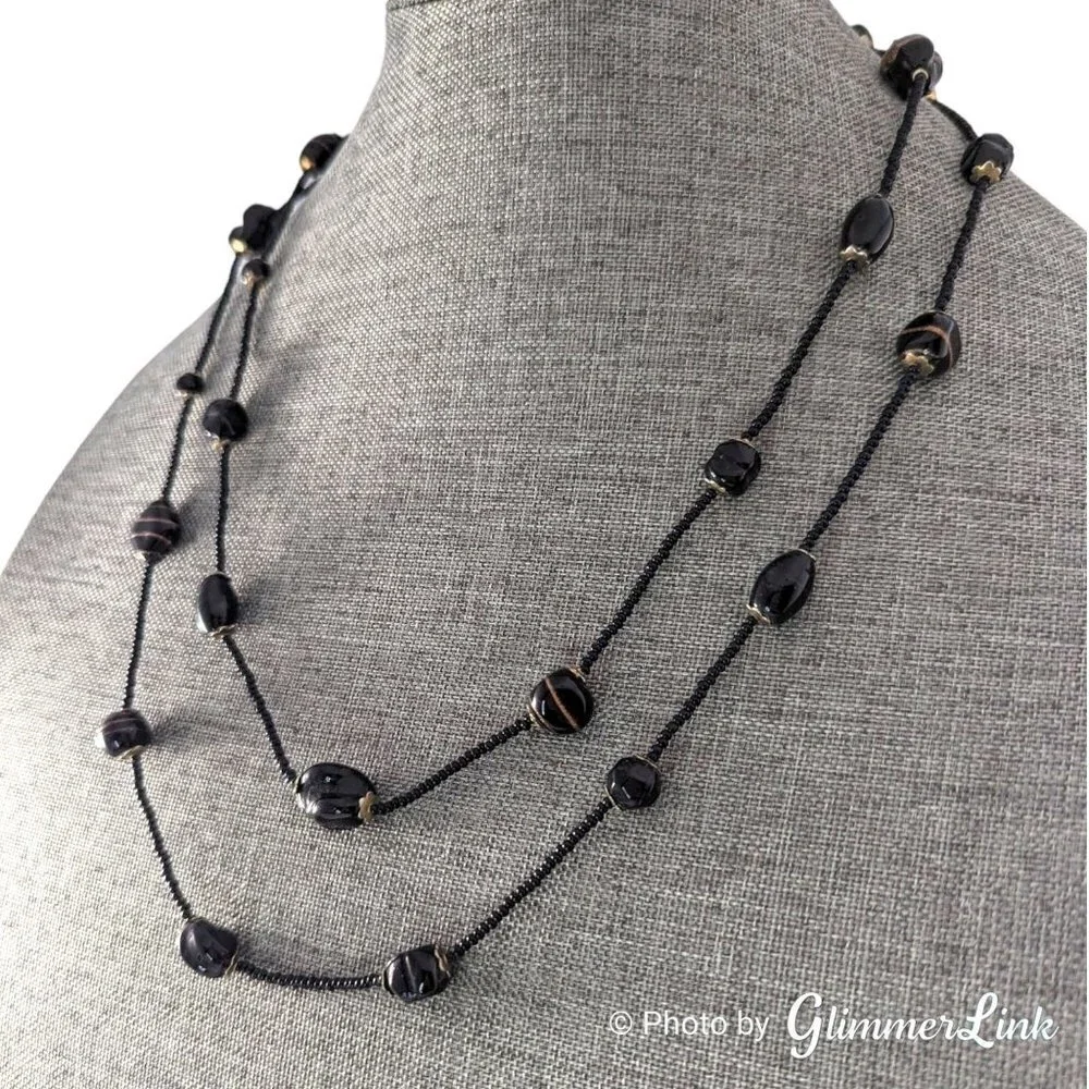 Vintage Long Black Gold Flecked Beaded Bohemian Necklace